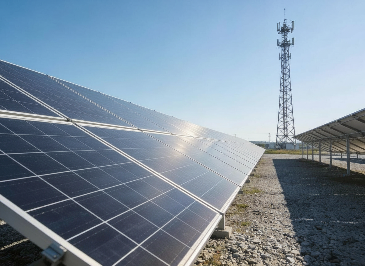 Off-grid telecom tower powered by solar panels in remote location